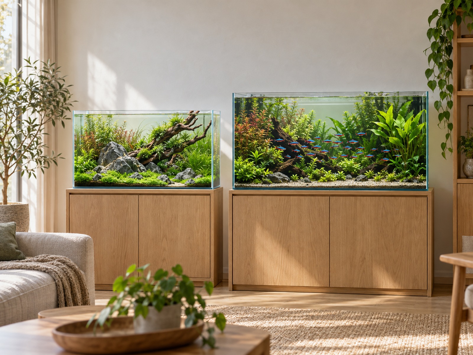 Eingerichtetes Aquarium mit Wasserpflanzen und Fischen