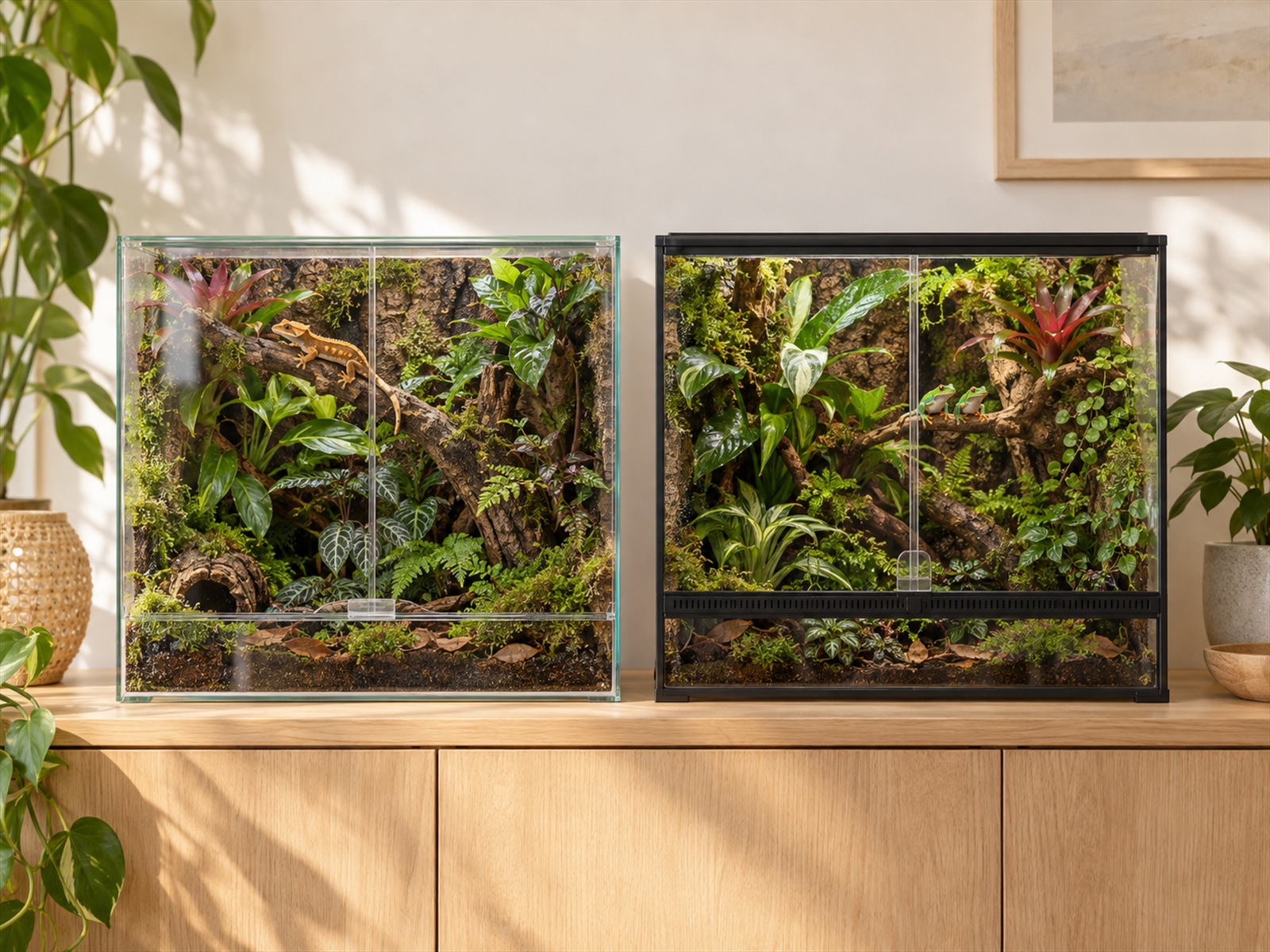 Zwei eingerichtete Terrarien mit Tieren, ohne Rahmen und mit Kunststoffrahmen